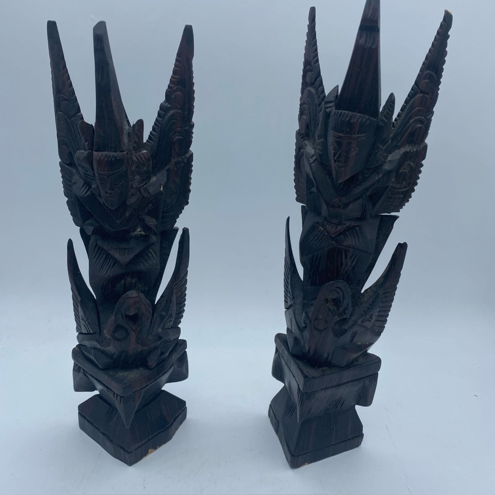 2 VTG Hand Carved Wooden Buddhist Garuda Vishnu Bali figures 10”